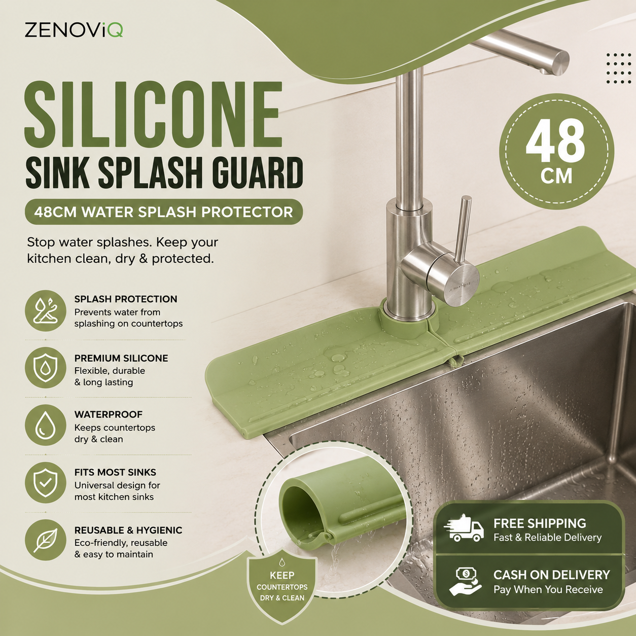 Kitchen Sink Splash Guard – 48cm Silicone Faucet Splash Protector & Drain Drying Mat