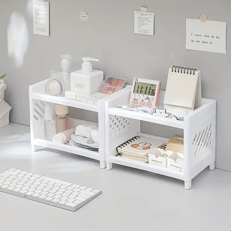 Desktop Double Layer Plastic Storage Organizer Rack | Multipurpose Cosmetic, Kitchen & Office Shelf