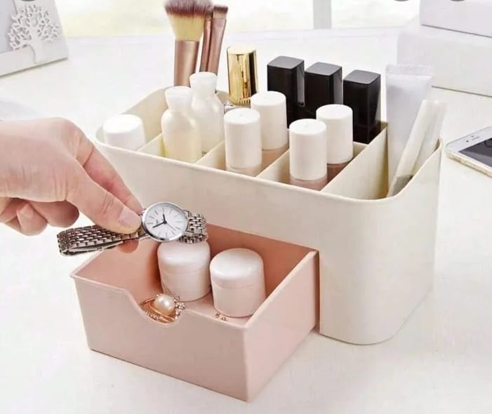 Plastic Makeup Storage Organizer Box with Drawer & Brush Holder
