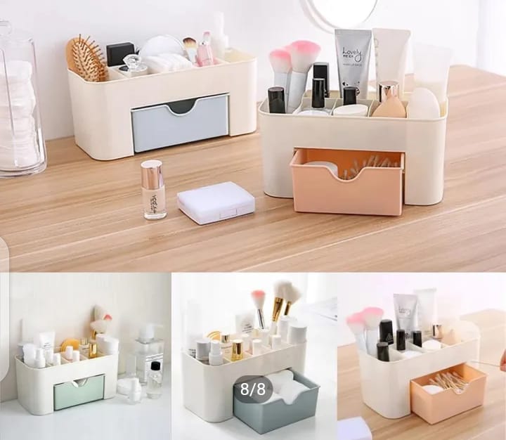 Plastic Makeup Storage Organizer Box with Drawer & Brush Holder