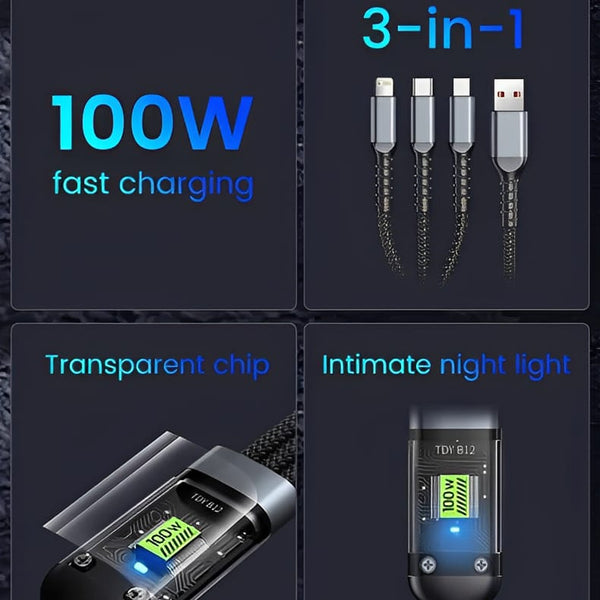 3-in-1 Fast Charging Cable | 100W Nylon Braided USB Cable – Type-C, Micro USB & Universal[with Box]