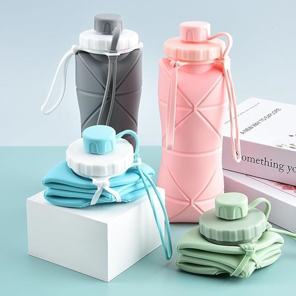 600ML Silicone Folding Water Bottle – Collapsible Leakproof Travel Bottle | Portable Reusable Foldable Silicone Bottle (Random Color)