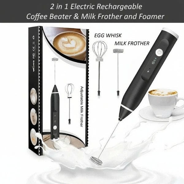 2 in 1 Electric Milk Frother & Egg Whisk – USB Rechargeable Coffee Beater
