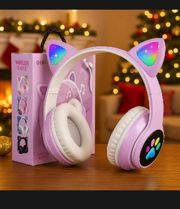 Cat Ear Bluetooth Headphones with RGB LED Lights & Stereo Bass