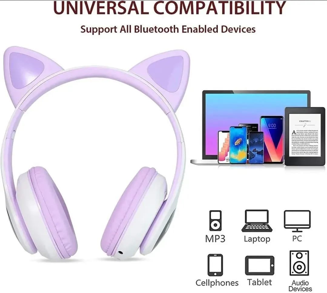 Cat Ear Bluetooth Headphones with RGB LED Lights & Stereo Bass