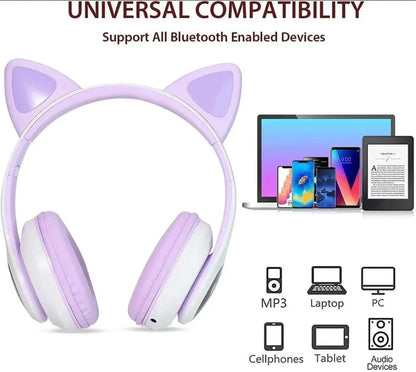Cat Ear Bluetooth Headphones with RGB LED Lights & Stereo Bass
