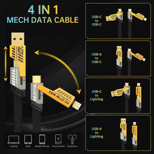 4-in-1 Fast Charging Data Cable | USB-A & USB-C to Lightning Cable | Braided Multi-Function Charging & Data Sync Cable
