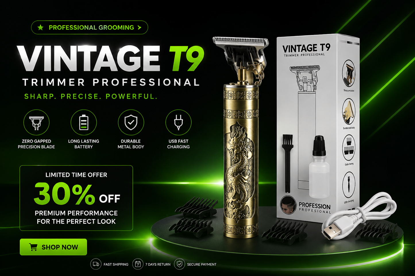 Vintage T9 USB Rechargeable Hair Trimmer for Men | Beard & Hair Clipper