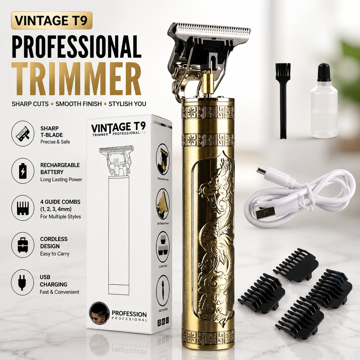 Vintage T9 USB Rechargeable Hair Trimmer for Men | Beard & Hair Clipper