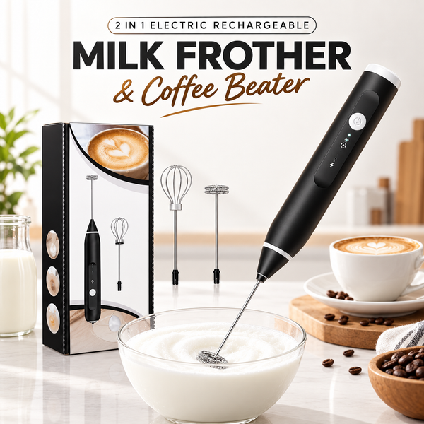 2 in 1 Electric Milk Frother & Egg Whisk – USB Rechargeable Coffee Beater