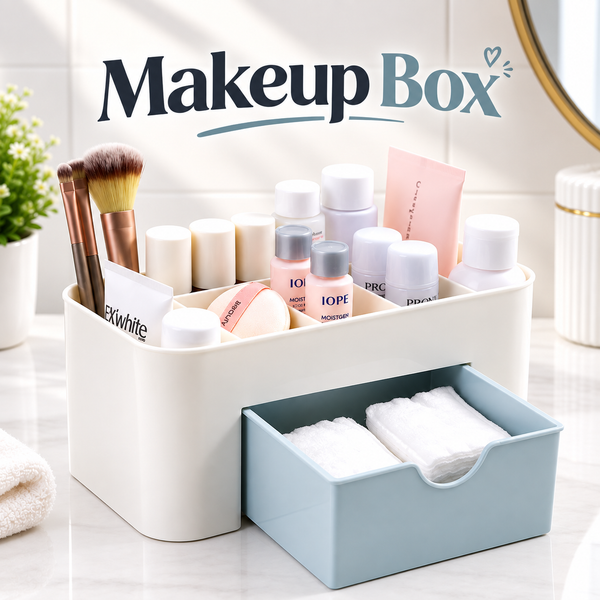 Plastic Makeup Storage Organizer Box with Drawer & Brush Holder