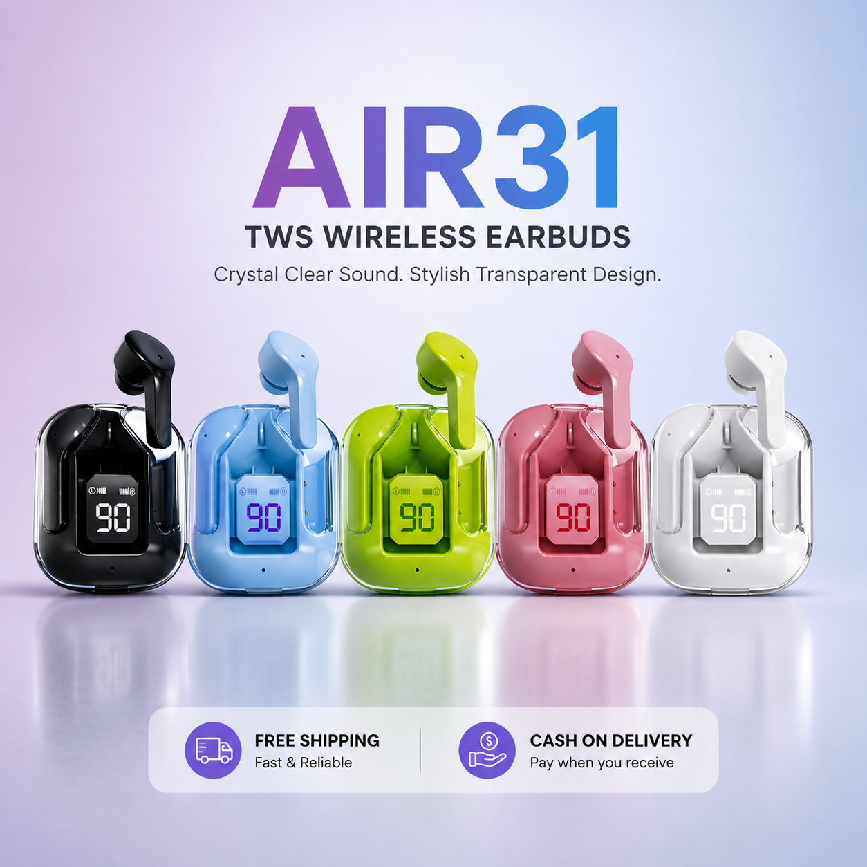Air31 TWS Wireless Earbuds – Transparent Bluetooth 5.3 Earbuds with LED Display