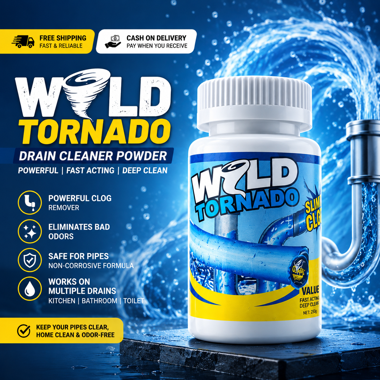 Wild Tornado Drain Cleaner Powder – Powerful Sink & Pipe Clog Remover