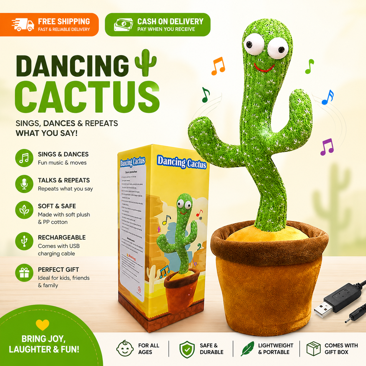 Portable Rechargeable Dancing Cactus Toy – Talking & Musical Baby Toy (With Box)