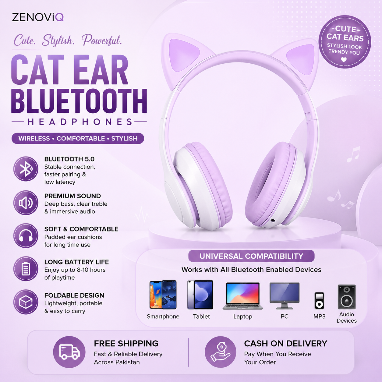 Cat Ear Bluetooth Headphones with RGB LED Lights & Stereo Bass