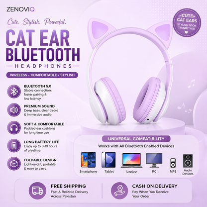 Cat Ear Bluetooth Headphones with RGB LED Lights & Stereo Bass